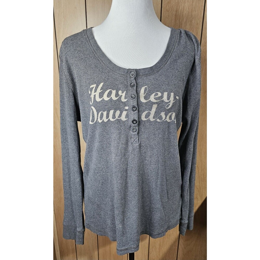 Harley Davidson Womens 1W Gray Thermal Henley Shirt Long Sleeve Motorcycle Logo